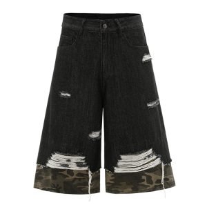 American Street Style Patchwork Camouflage Summer Denim Capri Shorts for Women - Trendy 2025 Fashion