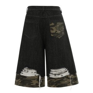 American Street Style Patchwork Camouflage Summer Denim Capri Shorts for Women - Trendy 2025 Fashion