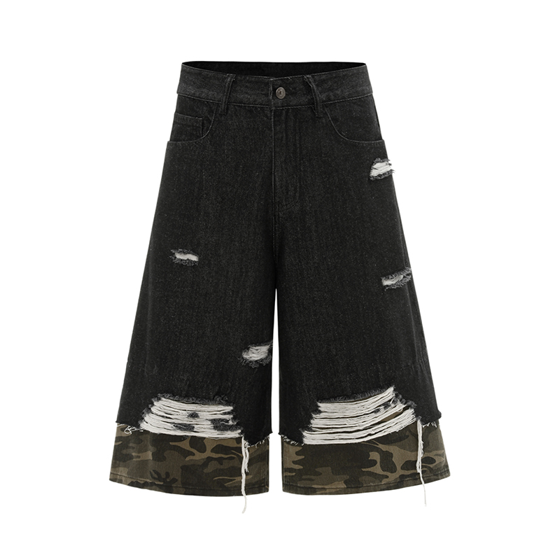 American Street Style Patchwork Camouflage Summer Denim Capri Shorts for Women - Trendy 2025 Fashion