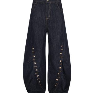 American Style Baggy Machete Jeans with Horn Button Decorative Design - Trendy Curved Knife Pants for a 90s Look