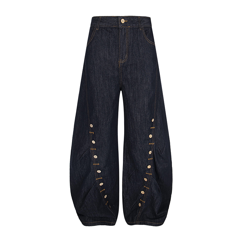 American Style Baggy Machete Jeans with Horn Button Decorative Design - Trendy Curved Knife Pants for a 90s Look