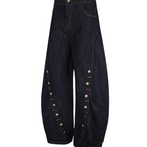 American Style Baggy Machete Jeans with Horn Button Decorative Design - Trendy Curved Knife Pants for a 90s Look