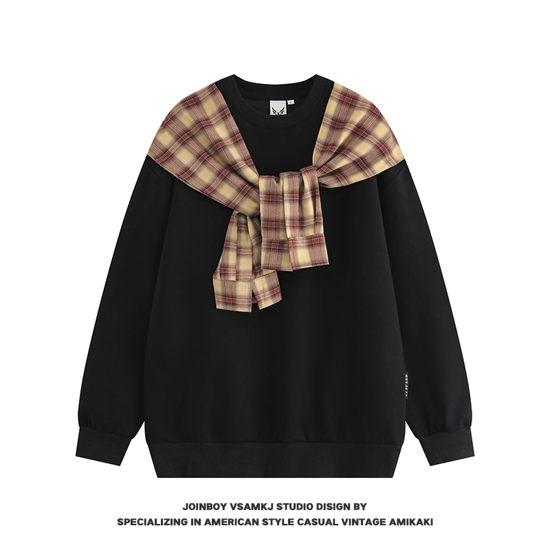 American Style Fleece Shawl Sweatshirt for Men - 2025 Winter Hip-Hop Fake Two-Piece Couple Top, Casual Streetwear Fashion