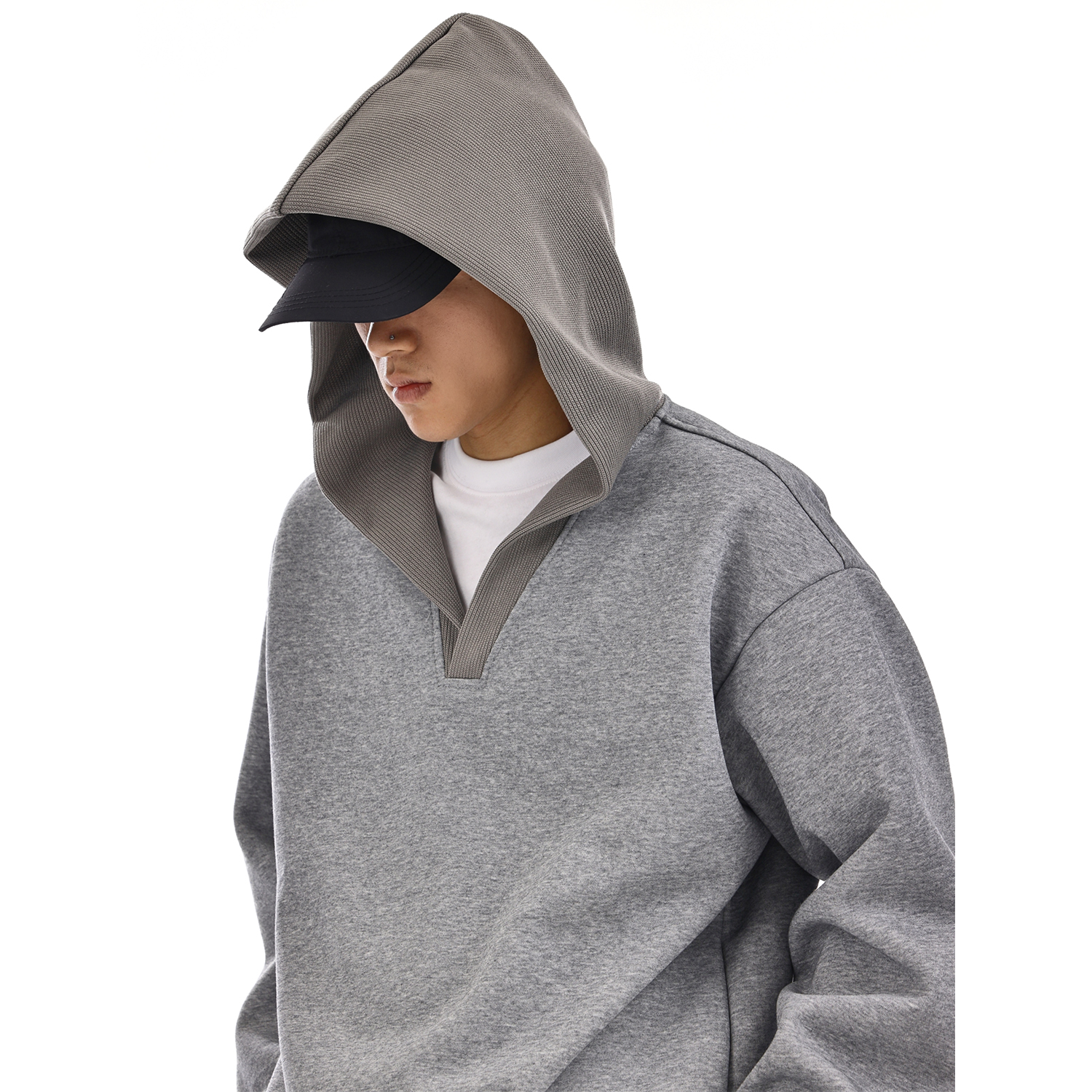 American-Style Heavyweight V-Neck Hooded Sweatshirt for Men - Winter Patchwork Design Casual Long Sleeve High Street Jacket