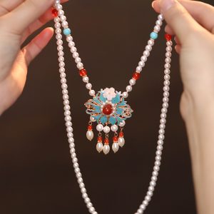 Ancient Style Blue Horse Face Skirt Necklace - Autumn Winter Qipao Accessory with Cloud Tassel - Hanfu Inspired Fashion Jewelry