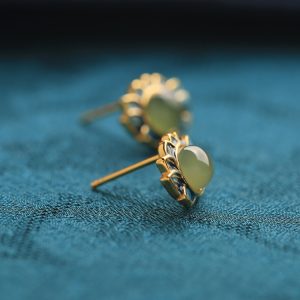 Ancient Style Retro Lotus Hetian Jade Pure Silver Earrings for Women, High-Quality Enamel Design, Elegant Fashion Jewelry