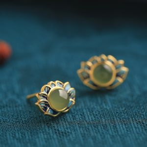 Ancient Style Retro Lotus Hetian Jade Pure Silver Earrings for Women, High-Quality Enamel Design, Elegant Fashion Jewelry
