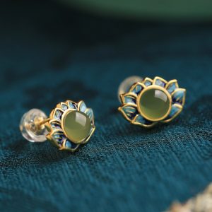 Ancient Style Retro Lotus Hetian Jade Pure Silver Earrings for Women, High-Quality Enamel Design, Elegant Fashion Jewelry