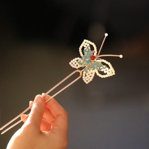 Ancient Style U-Shaped Butterfly Cloisonné Hairpin - Ming Dynasty Hanfu Accessories, Horse-Face Skirt Bun Pin