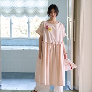 Apple Green Short Sleeve Dress with Split Design - Peony Mustard Floral Loose Shirt Dress, Y2K Style