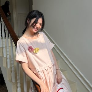 Apple Green Short Sleeve Dress with Split Design - Peony Mustard Floral Loose Shirt Dress, Y2K Style