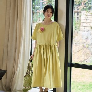Apple Green Short Sleeve Dress with Split Design - Peony Mustard Floral Loose Shirt Dress, Y2K Style