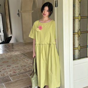 Apple Green Short Sleeve Dress with Split Design - Peony Mustard Floral Loose Shirt Dress, Y2K Style