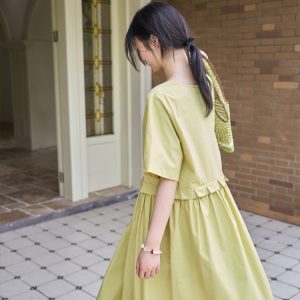 Apple Green Short Sleeve Dress with Split Design - Peony Mustard Floral Loose Shirt Dress, Y2K Style