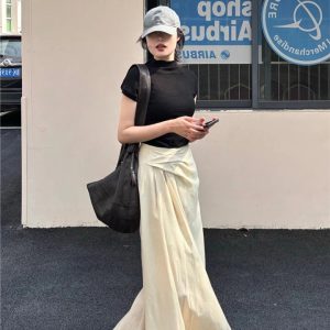 Apricot Cotton-Linen Textured Pleated Skirt for Women - Slim Fit Versatile Long Skirt for Summer 2024 Fashion