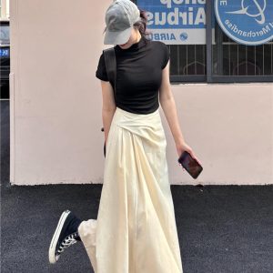 Apricot Cotton-Linen Textured Pleated Skirt for Women - Slim Fit Versatile Long Skirt for Summer 2024 Fashion