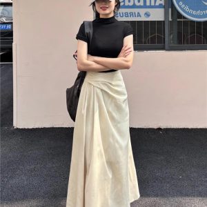 Apricot Cotton-Linen Textured Pleated Skirt for Women - Slim Fit Versatile Long Skirt for Summer 2024 Fashion