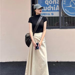 Apricot Cotton-Linen Textured Pleated Skirt for Women - Slim Fit Versatile Long Skirt for Summer 2024 Fashion