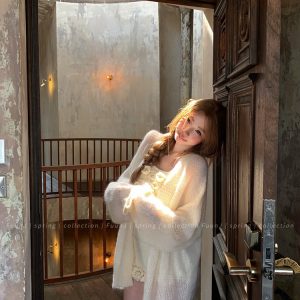 Apricot Loose Cardigan Sweater Coat for Women - Slim Fit Thin Knitted Top in Lazy Style, Perfect for 90s and Y2K Fashion Lovers