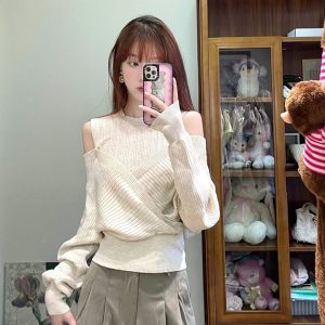 Apricot Off-Shoulder Knitted Sweater for Women, Irregular Design, Elegant Half-High Neck, 2023 Autumn Fashion