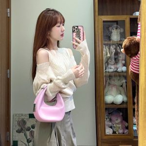 Apricot Off-Shoulder Knitted Sweater for Women, Irregular Design, Elegant Half-High Neck, 2023 Autumn Fashion