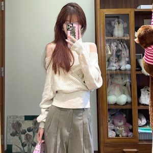Apricot Off-Shoulder Knitted Sweater for Women, Irregular Design, Elegant Half-High Neck, 2023 Autumn Fashion