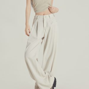 Apricot Pleated High-Waisted Loose-Fit Wide-Leg Jeans for Women - 2025 Spring/Summer Casual Style