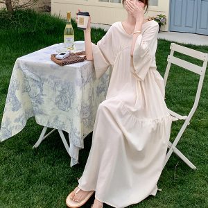 Apricot V-Neck Dress for Women - French Romantic Vacation Style, Loose Slimming Casual Long Dress for Summer 2025