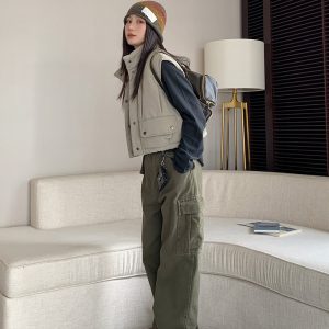 Army Green Multi-Pocket Straight Leg Work Pants for Women | Loose Slim Casual Vintage Style Wide Leg Trousers