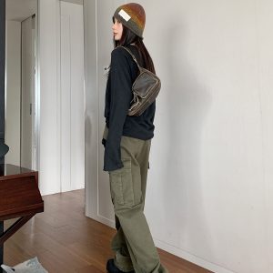 Army Green Multi-Pocket Straight Leg Work Pants for Women | Loose Slim Casual Vintage Style Wide Leg Trousers