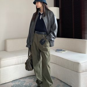 Army Green Multi-Pocket Straight Leg Work Pants for Women | Loose Slim Casual Vintage Style Wide Leg Trousers