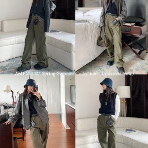 Army Green Multi-Pocket Straight Leg Work Pants for Women | Loose Slim Casual Vintage Style Wide Leg Trousers