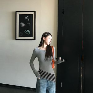 Asymmetrical Hem Knitted Long Sleeve T-Shirt Top with Hidden Stripes for Women - Spring Fashion Essential, Casual Chic Style