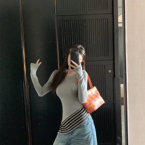 Asymmetrical Hem Knitted Long Sleeve T-Shirt Top with Hidden Stripes for Women - Spring Fashion Essential, Casual Chic Style