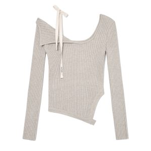 Asymmetrical Lace-Up Knitted Top - Off-Shoulder Irregular Sweater in Spring Korean Style for a Chic Look
