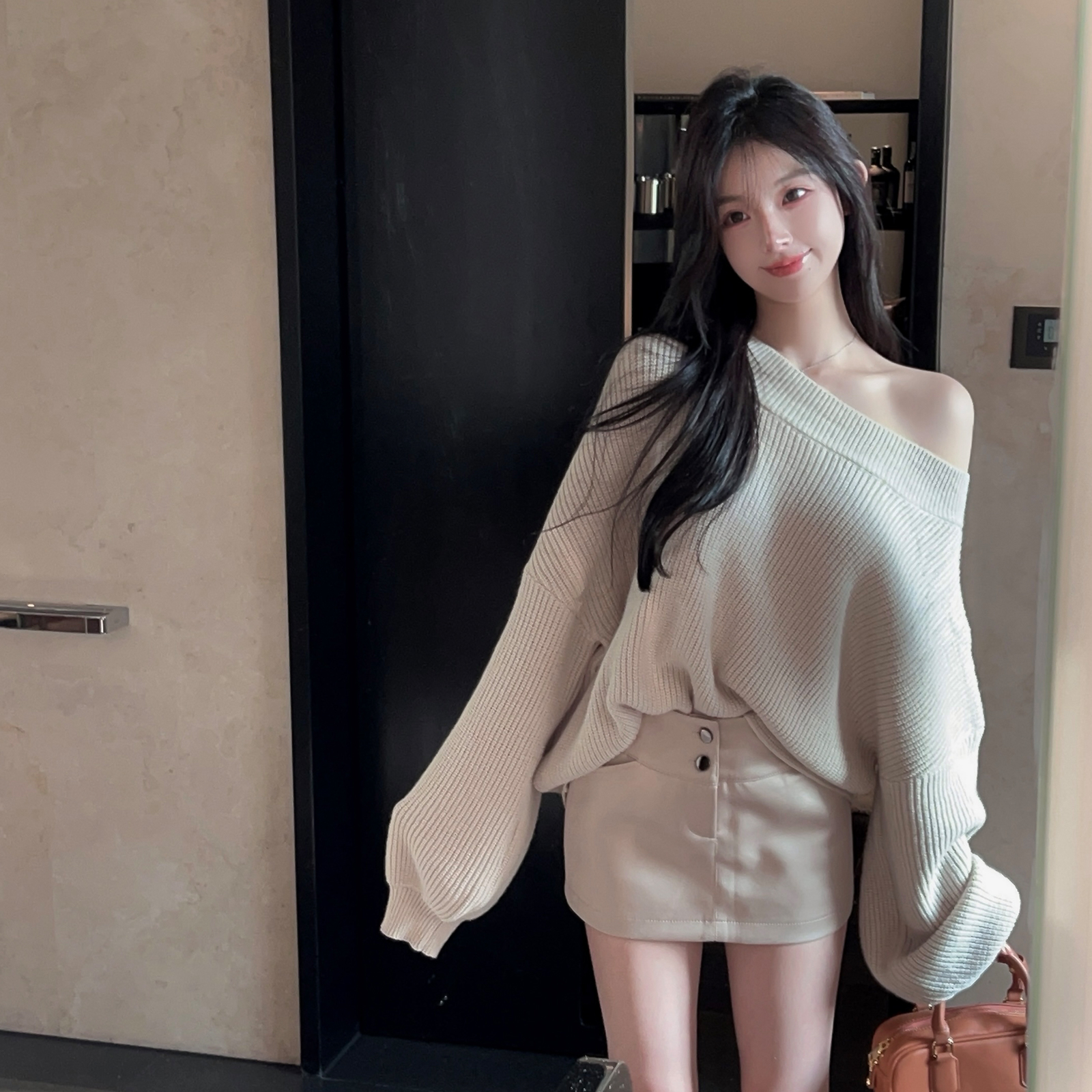 Asymmetrical Off-Shoulder Bat Sleeve Sweater for Women - Irregular Loose Knitted Top for Autumn Winter Fashion