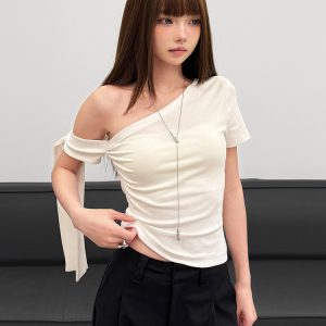 Asymmetrical Off-Shoulder Short Sleeve T-Shirt for Women - Eccentric Korean Style Hot Girl Design, Versatile Slim Fit Irregular Top