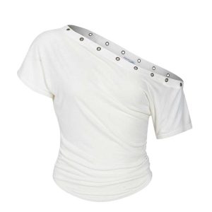 Asymmetrical Off-Shoulder Short Sleeve T-Shirt with Eyelet Detail - Trendy Hot Girl Top for Y2K and Korean Style Fashion