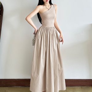 Asymmetrical One-Shoulder Dress for Women - Retro Solid Color, High Waist, Slim Fit, Elegant Temperament, 90s Inspired Long Dress