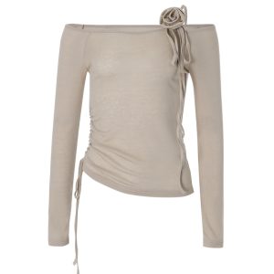Asymmetrical One-Shoulder Slim Fit Tee - Lightweight Long Sleeve Korean Hot Girl Style with Rose Design for Spring/Summer 2024