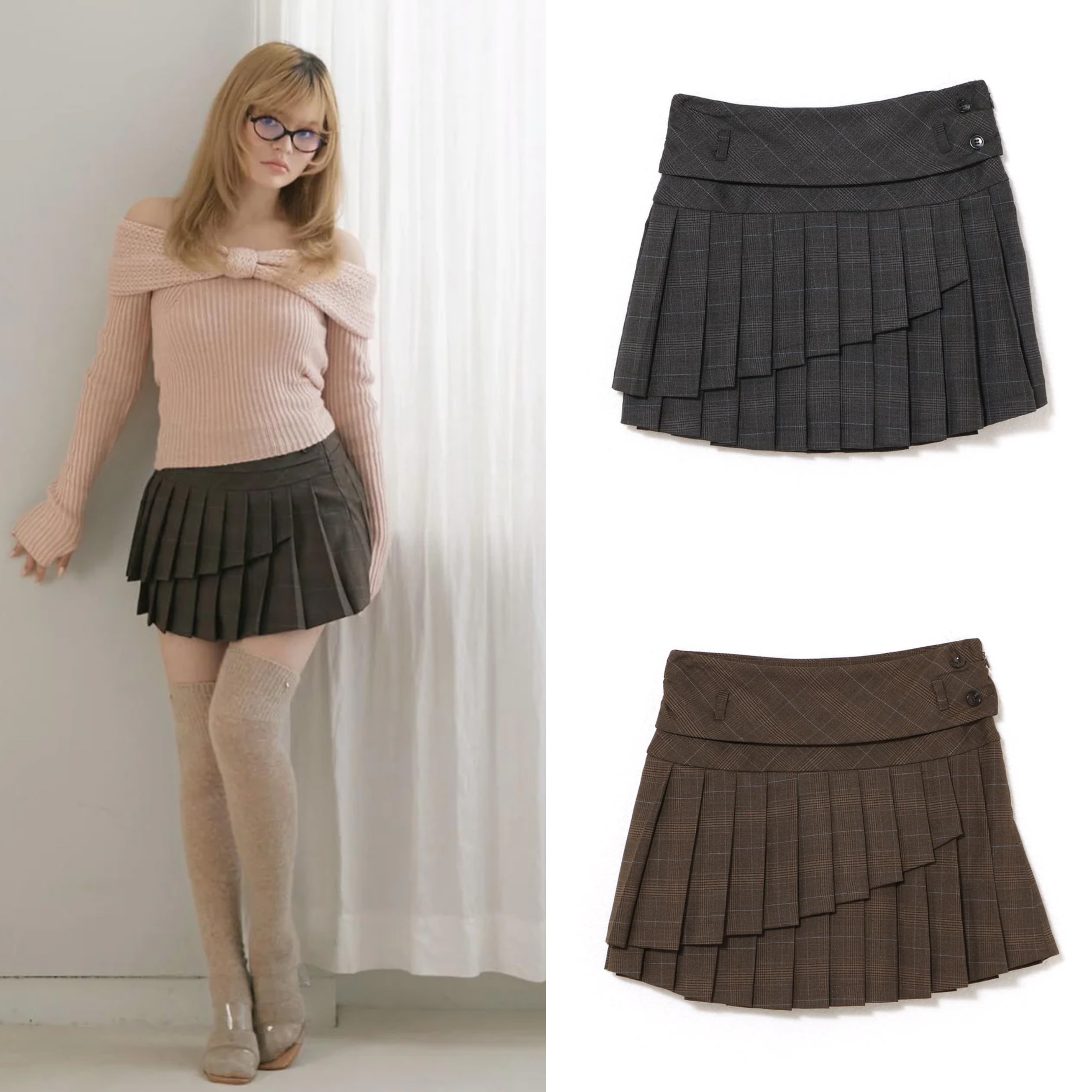 Autumn Winter 2024 Women's Sweet Versatile Plaid Pleated Layered A-Line Short Skirt - Japanese Style Fashion