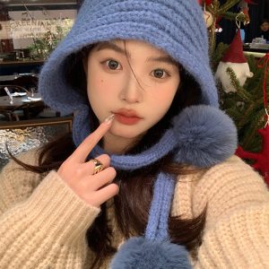 Autumn Winter Knitted Wool Hat for Women, Warm Pom-Pom Beanie, Versatile Face-Shaping Lei Feng Style, Cozy Ear Protection