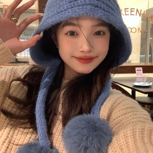Autumn Winter Knitted Wool Hat for Women, Warm Pom-Pom Beanie, Versatile Face-Shaping Lei Feng Style, Cozy Ear Protection
