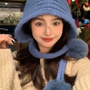 Autumn Winter Knitted Wool Hat for Women, Warm Pom-Pom Beanie, Versatile Face-Shaping Lei Feng Style, Cozy Ear Protection