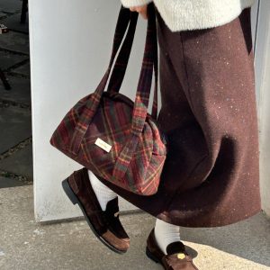 Autumn Winter Plaid Boston Bag - Large Capacity Versatile Textured Shoulder Bag for Everyday and Travel Style