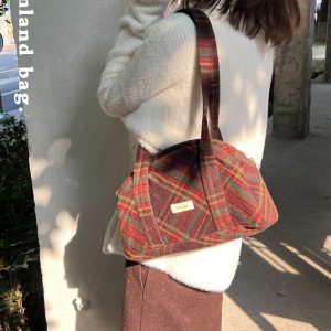 Autumn Winter Plaid Boston Bag - Large Capacity Versatile Textured Shoulder Bag for Everyday and Travel Style