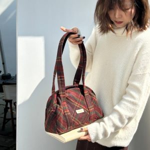 Autumn Winter Plaid Boston Bag - Large Capacity Versatile Textured Shoulder Bag for Everyday and Travel Style