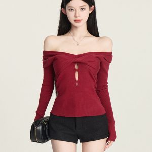 Autumn Winter Red Slim Fit Sexy Twist Top for Women - Trendy Y2K Style for New Year Celebrations
