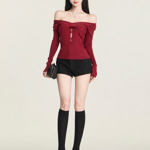 Autumn Winter Red Slim Fit Sexy Twist Top for Women - Trendy Y2K Style for New Year Celebrations