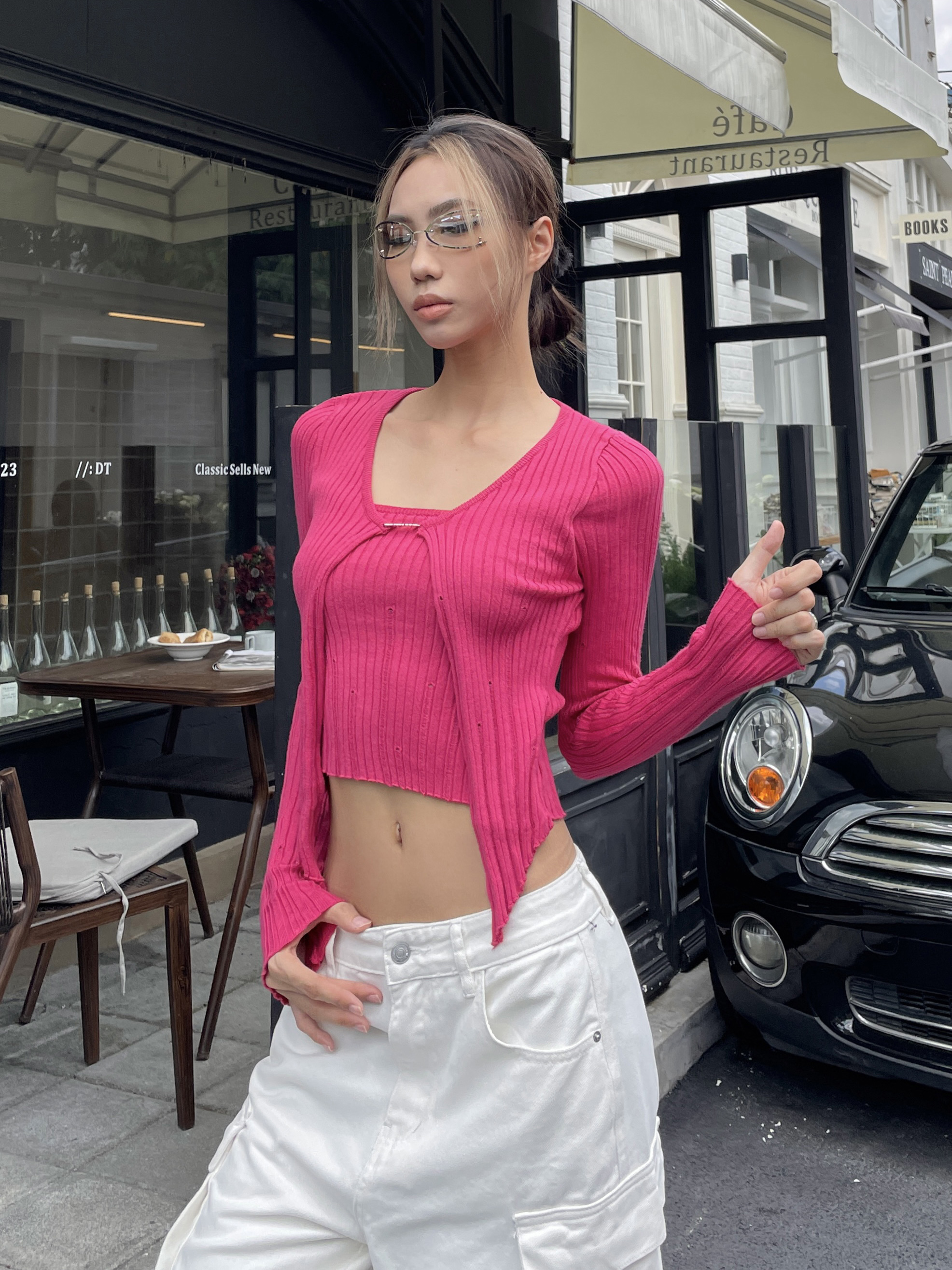 Autumn Winter Slimming Long-Sleeve Knitted Top - Sweet Faux Two-Piece Design, American Style for Trendy Women